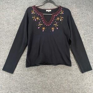Vintage Carducci Sweater Womens M Black‎ V-Neck Embroidered Beaded Boho Cottage